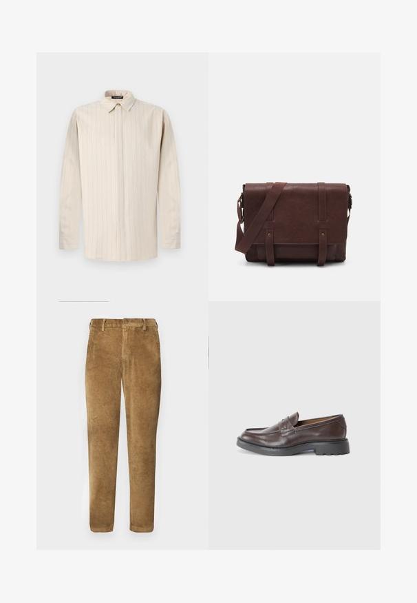 Heledbeez värvi pika varrukaga särk, millel on nööbiga kaelus, vertikaalsed triibud, sirge lõige ja ühekohalised mansetid.; Pruunid korduroy püksid vertikaalse ribakonstruktsiooniga, sirge lõikega, nööbiga kinnitamine ja vöörihmadega. Sile kangas pehme viimistlusega.; Pruunid nahast loafersid sileda viimistlusega, ümar toes, minimaalne õmblemine ja paks must kummitald. Ühtegi nähtavat riistvara või aksessuaare ei ole.; Pruunist nahast sõnumiekot, millel on lame eesmine klapp, kaks rihma, kullatud detailid ja reguleeritav õlarihm.