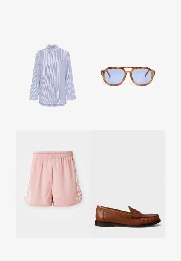 Randig skjorta i blått och vitt med knappar, krage, långa ärmar och uppsamlade ärmslut. Tillverkad av ett lätt material med en avslappnad passform.; Rosa sportshorts med resårmidja, vit sidostripning och en liten logotyp längst ner till vänster fram. Slät tygtextur.; Polo Ralph Lauren Mockasiner - dark brown; Sköldpaddsglasögon med blå linser, kantig design, tjock ram och näsbrygga med snitt; har guldaccent på tinningen.