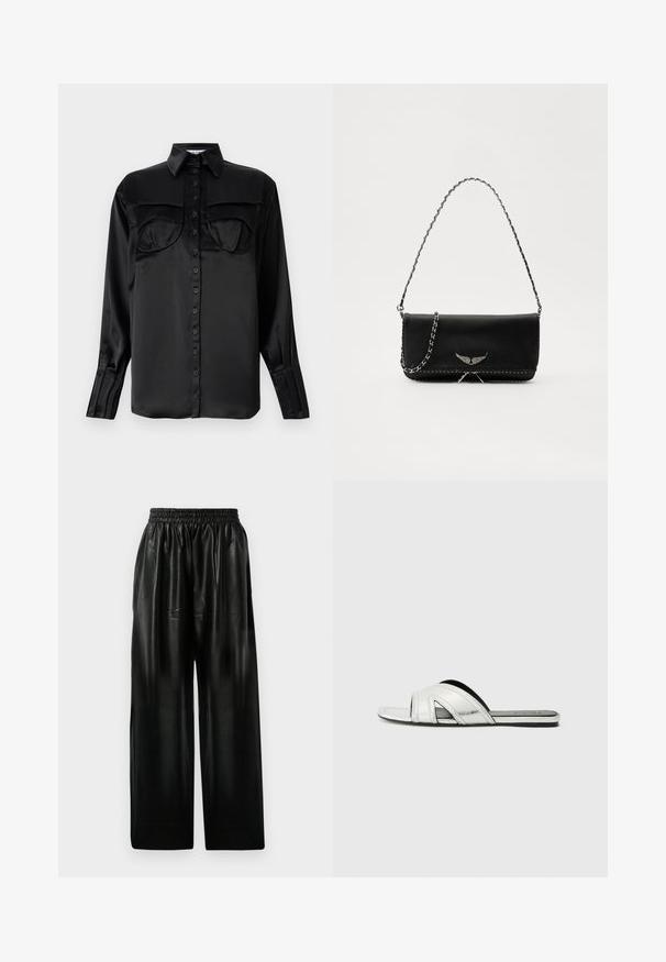 Juodas satino mygtukų marškiniai su ilgomis rankovėmis, dviem krūtinės kišenėmis, smailiu apykakle ir vieno mygtuko rankogalių detalėmis. Lygus paviršius.; Juodos odinės plačios kelnės su elastinga juosmeniu, turinčios dvi šonines kišenes ir lygią, blizgią tekstūrą.; Sidabrinės plokščios šlepetės su metaliniu apdailos paviršiumi, turinčios išlenktos dirželio dizainą, išpjovų akcentus ir tekstūruotą padą kiekvienai gravitacijai.; Juodas odinis delninukas su sidabro spalvos grandinele, papuoštas dekoratyviniais sparnų akcentais ir balta siūle apačioje.