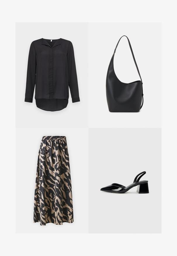 Fekete hosszúujjú blúz könnyű anyagból. V-alakú nyakkivágással, gombos záródással és ívelt hátkiképzéssel rendelkezik.; Fekete és bézs színű, hosszú szoknya rugalmas derékkal, absztrakt állatmintás motívummal és lebegő szilhuettel.; Fekete lakk bőr szandálkés magas sarkú cipő, hegyes orral és geometrikus tömbsarkakkal. Karcsú, minimalista dizájn és sima textúra jellemzi.; Fekete bőr hobo táska sima textúrával, ívelt formával és egyetlen állítható pánttal; széles nyílás található a tetején.
