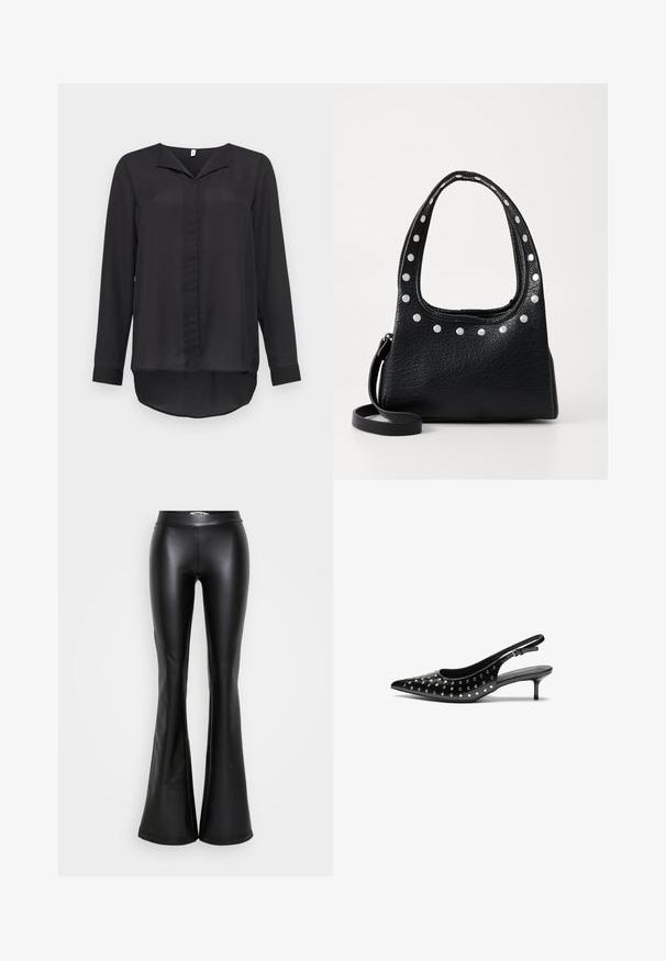 Black long-sleeve blouse made of lightweight fabric. Features a v-neck collar, button closure, and curved hemline at the back.; Black flared pants made of shiny faux leather, featuring a high waist and smooth texture. No visible hardware or patterns.; Black leather slingback heels with a pointed toe and small heel. Decorated with metallic studs along the upper for added texture.; Black textured leather handbag with silver studs along the top edge and handles, featuring a short handle and a detachable strap.