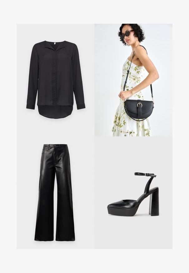 Črna dolga majica s dolgimi rokavi, izdelana iz lahkotnega blaga. Ima ovratnik v obliki črke V, zapenjanje z gumbi in ukrivljen rob na hrbtu.; Črne široke hlače iz umetnega usnja z visokim pasom, sprednjim gumbom, zadrgo, zanke za pas in stranskimi žepi na beli podlagi.; Črne platforme z visokimi petami in koničastim nosom ter nastavljivim gležnjenjskim trakom. Narejene iz gladke usnje, s kockasto peto.; Črna usnjena torbica s ukrivljeno obliko, z odstranljivo naramnico in zlatimi dodatki. Torbica ima pokrov s podrobnostmi v obliki zaponke.