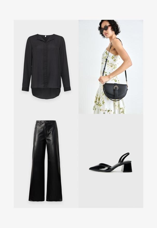 Blusa nera a maniche lunghe realizzata in tessuto leggero. Presenta un colletto a v, chiusura con bottoni e orlo curvato sul retro.; Pantaloni ampi a vita alta in ecopelle neri con bottone frontale, chiusura con zip, passanti per cintura e tasche laterali su sfondo bianco.; Décolleté in vernice nera con punta affusolata e tacco in geometria cubica. Presentano un design elegante e minimalista, con una texture liscia.; Borsa a tracolla nera in pelle con una forma curva, manico rimovibile e accessori dorati. La borsa presenta una patta con un dettaglio a fibbia.