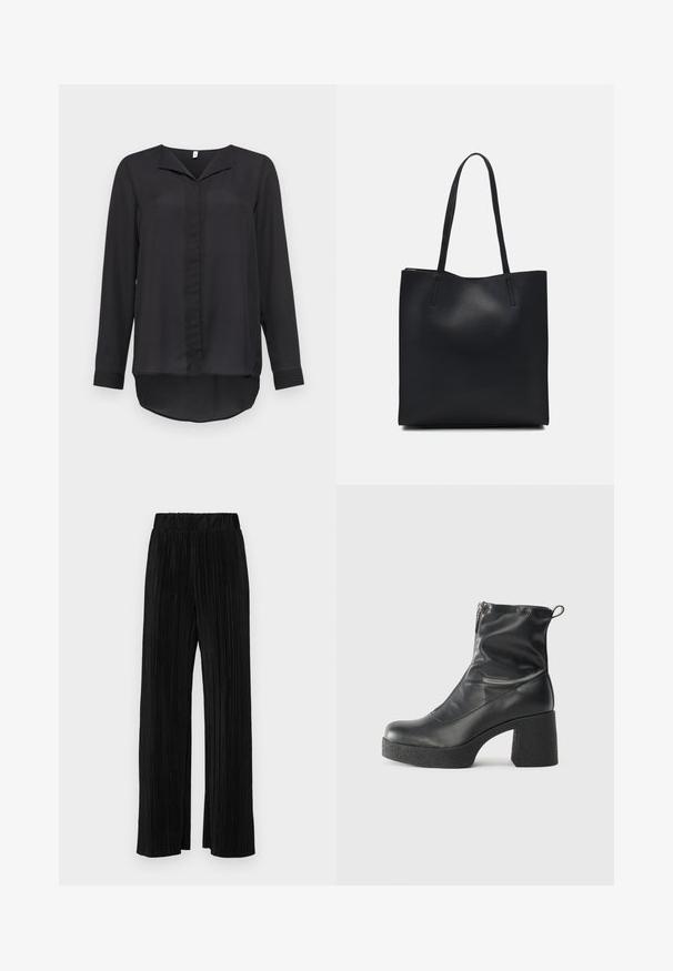 Schwarze Bluse mit langen Ärmeln aus leichtem Stoff. Sie verfügt über einen V-Ausschnitt, eine Knopfleiste und einen abgerundeten Saum auf der Rückseite.; Schwarze plissierte Hose mit elastischem Bund. Verfügt über weite Hosenbeine und einen glatten, strukturierten Stoff mit vertikalen Streifen.; Schwarze Stiefeletten aus glattem Leder mit seitlichem Reißverschluss, klobigem strukturiertem Absatz und runder Zehenform.; Schwarze Laptoptasche aus Leder mit glatter Textur, rechteckiger Form und zwei langen Griffen. Keine sichtbaren Beschläge oder Verzierungen.