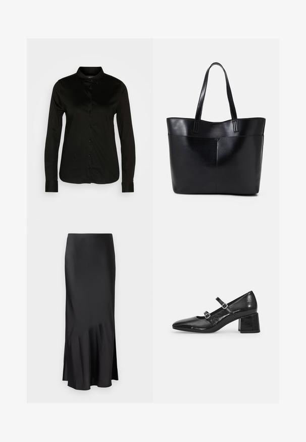 Čierna košeľa s dlhým rukávom, zapínaná na gombíky, s klasickým golierom, vyrobená z hladkej tkaniny, so zástavkou čiernych gombíkov a gombíkovými manžetami.; Čierna saténová midi sukňa s elegantným dizajnom, so slabým rozšírením na okraji a bočným rozparkom pre pohodlie pri pohybe. Hladká textúra.; Čierne lakované Mary Jane topánky s špicatou špičkou, dvoma nastaviteľnými popruhmi a hrubým blokovým opätkom. Hladká textura a lesklý povrch.; Čierna kožená tote taška s dvoma dlhými rúčkami, hladkým povrchom a štruktúrovaným tvarom. Obsahuje prednú kapsu pre dodatočné uskladnenie.
