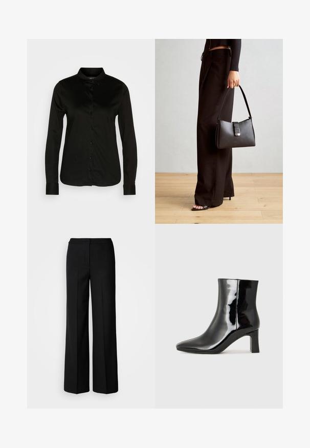 Czarna, długorękawowa koszula zapinana na guziki z klasycznym kołnierzykiem, wykonana z gładkiej tkaniny, z rzędem czarnych guzików i mankietami zapinanymi na guziki.; Czarne szerokie spodnie o gładkim materiale, z wysokim stanem, dopasowanymi szwami i minimalistycznym designem. Brak widocznych zapięć lub kieszeni.; Czarne lakierowane botki za kostkę z wysmukłym noskiem i średniej wysokości obcasem w kształcie słupka. Gładka tekstura i minimalistyczny design.; Czarna torebka o usztywnionym kształcie, gładkiej fakturze i metalowym zapięciem. Połączona z szerokimi czarnymi spodniami i sandałami na otwartym palcu na drewnianej podłodze.