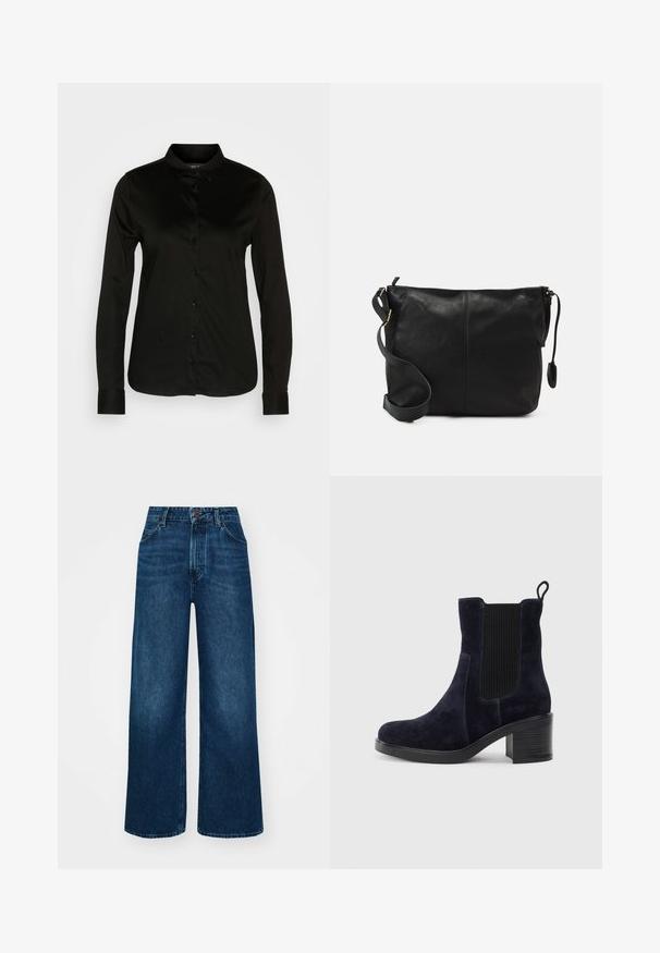 Juodas ilgomis rankovėmis marškiniai su klasikiniais atlapais, pagaminti iš lygaus audinio, su juodų mygtukų eile ir mygtukais užsegamomis rankovėmis.; Aukšto liemens, platėjantys džinsai tamsiai mėlynos džinsinės medžiagos su lygia tekstūra, kontrastingomis siūlėmis ir penkių kišenių dizainu. Priekinis mygtukų užsegimas.; Tamsiai mėlynos suknelės odos aulinukai iki kulkšnių su elastingu šoniniu paneliu, apvaliu pirštu ir bloko kulnu. Tekstūruota medžiaga ir lygi padas suteikia kontrastą.; Juodas odinis per petį nešiojamas krepšys plokščia forma, su auksiniais detalių akcentais ir reguliuojama juosta. Lygi tekstūra su minimaliais siuvimo elementais.