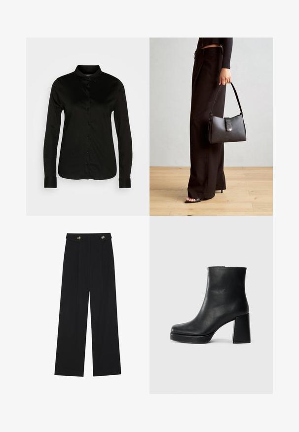 Črna srajca z dolgimi rokavi in klasičnim ovratnikom, izdelana iz gladkega materiala, s vrsto črnih gumbov in gumbastimi manšetami.; Črne široke hlače s visokim pasom, gumbnimi detajli na pasu in sprednjimi gubami.; Črne usnjene gležnjarje z blok peto in platformo, prikazane s strani na enobarvni beli podlagi.; Črna torbica z strukturirano obliko, gladko teksturo in kovinskim zaponko. Ujemajo se z širokimi črnimi hlačami in odprtimi sandali na lesenem tleh.