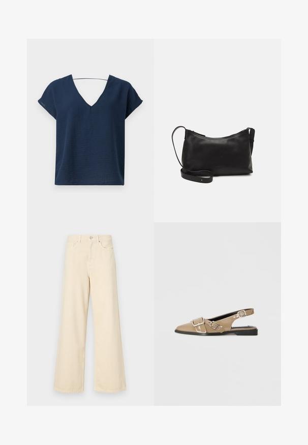 Navy blue V-neck top with cap sleeves, made from textured fabric, featuring a relaxed fit and simple design. No visible hardware or embellishments.; Beige wide-leg jeans made of cotton. Features a button closure, belt loops, and front pockets with a smooth, soft texture.; Beige patent slingback shoes with a pointed toe, two adjustable buckles, and a low black heel. Smooth texture with a glossy finish.; Black leather shoulder bag with a smooth texture, curved shape, adjustable strap, and a zip closure. Minimalist design without embellishments.
