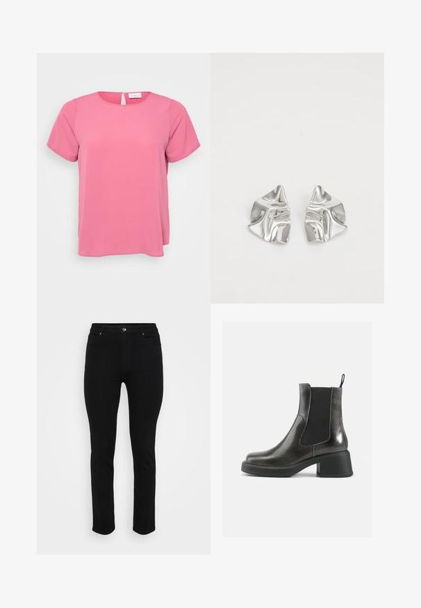 Blusa rosa de mangas curtas com decote redondo e textura subtil; apresenta um detalhe em forma de lágrima nas costas e um corte descontraído.; Jeans de ganga pretos com um corte slim, design de cinco bolsos, fecho frontal por botão e ligeira elasticidade para conforto. Textura lisa e plana com detalhes mínimos.; Botas de tornozelo em couro negro com um acabamento liso, painéis laterais elásticos e um salto robusto. Apresentam uma alça na parte de trás para facilitar o calçar.; Brincos de metal prateado com um design ondulante e escultural, apresentando um acabamento polido e formas irregulares, destacando uma estética contemporânea.