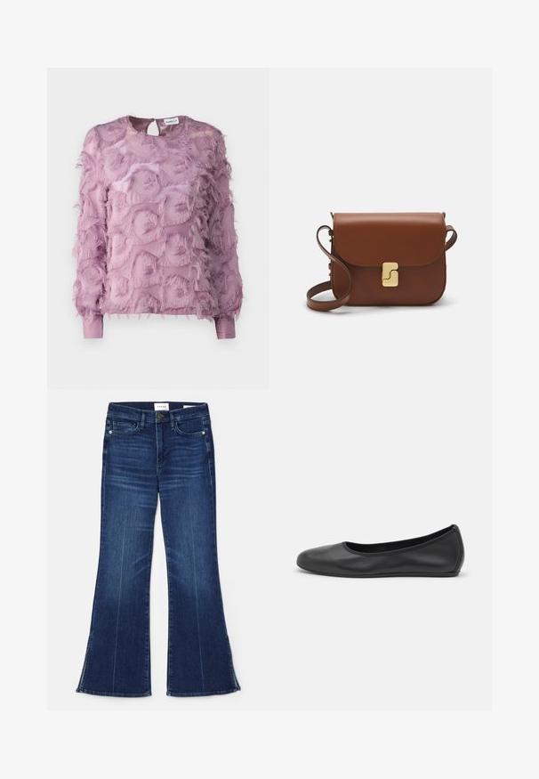Marella DEMIEN - Bluză - lilla; Tricou alb cu mânecă scurtă, confectionat dintr-un material texturat. Gât rotund, tăietură regulară și detalii subtile de cusătură. Fără modele sau grafice.; Jeans evazate de culoare albastră închisă, fabricate din denim. Prezintă o talie înaltă, buzunare frontale și detalii cu fante la tiv. Design clasic cu cinci buzunare.; Balerini din piele neagră, cu vârf rotund, textură netedă, detalii de cusătură minimale și un design al tălpii flexibil.; Geantă de piele maro cu închidere tip capac, accesorii de culoare aurie, curea de umăr și o textură netedă. Formă compactă și rectangulară.