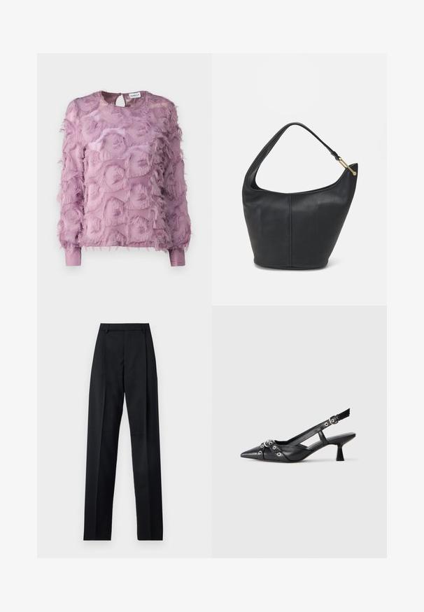 Marella DEMIEN - Palaidinė - lilla; Juodos kelnės iš lygaus audinio, pasižyminčios aukštu liemeniu, plačiomis kojomis, priekinėmis klostėmis ir klasikiais diržo kilpomis. Šoninių kišenių nematyti.; Juodas odinis slingback tipo batai su smailiu priekiniu atvartu, dekoratyvinėmis sagtimis su metaliniais akyčiais ir žemu blokiniu kulnu. Saldus paviršius.; Juodas odinis moterų rankinės su apvalia forma, plačiu dirželiu ir tekstūruotu paviršiumi. Yra subtilus siūlės detalizavimas ir auksinės spalvos aparatūra.