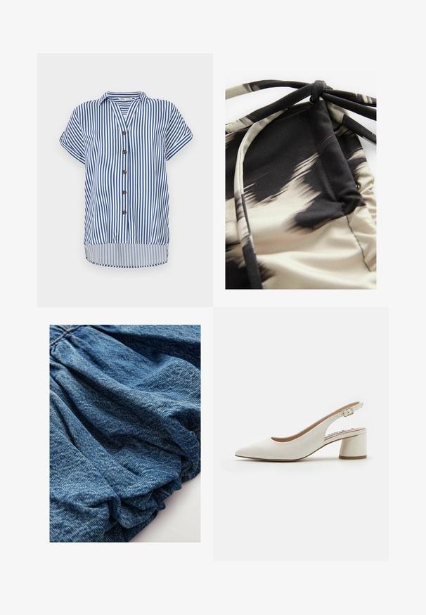 Kortærmet skjorte med knapper, prydet med lodrette blå og hvide striber, en krave, fem brune knapper og en let buet kant.; Letvægts svømmetøj stof med et abstrakt beige og sort mønster, der har rynket tekstur og justerbare snore for pasform.; Denimstof i en dyb blå nuance med en samlet tekstur, der skaber bløde folder. Glat overflade med subtile farvevariationer.; Hvide læder slingback pumps med spids tå, mellemhøj blokhæl og justerbar rem. Glat tekstur; minimalistisk design.