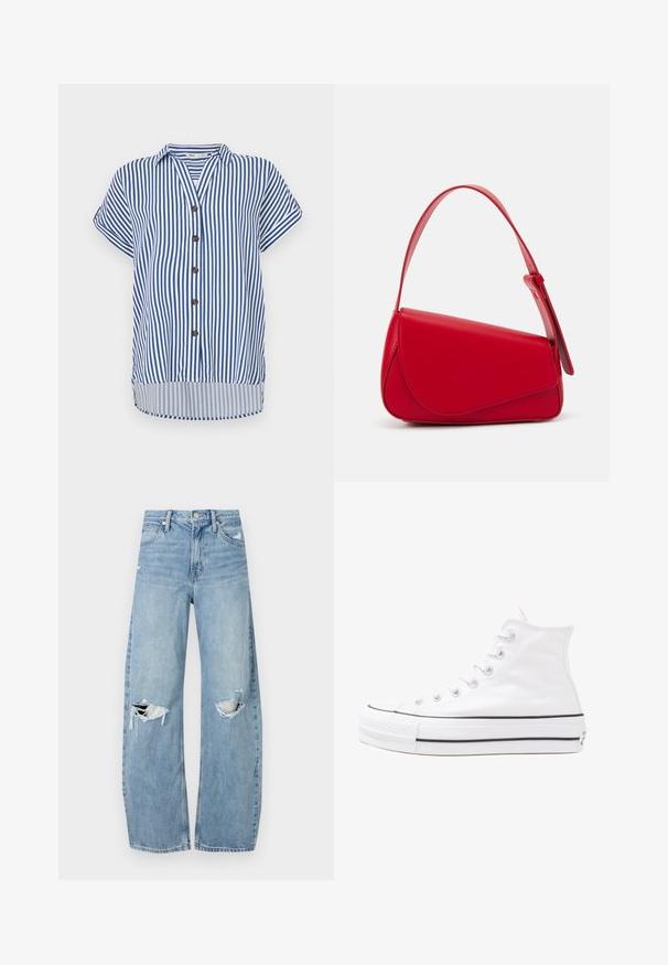 Trumpas rankovėmis mygtukų marškiniai su vertikaliomis mėlynomis ir baltais dryžiais, apykakle, penkiais rudos spalvos mygtukais ir šiek tiek išlenktu apatine dalimi.; Šviesiai mėlynos, aukštu juosmeniu džinsai pagaminti iš džinsinio audinio. Turi plačias kojų kelnes, dvi suplėšytas kelio vietas ir klasikinį penkių kišenių dizainą.; Balti aukštakulniai drobės sportbačiai su juodu guminio pado, priekinio guminio piršto dangteliu ir šešiais akytėmis raištams, pasižymintys švariu, minimalistiniu dizainu.; Raudona odinė rankinė su kampuota, geometrine forma. Pasižymi viena reguliuojama dirželiu ir dangteliu su siuvinėtais dekoracijomis.