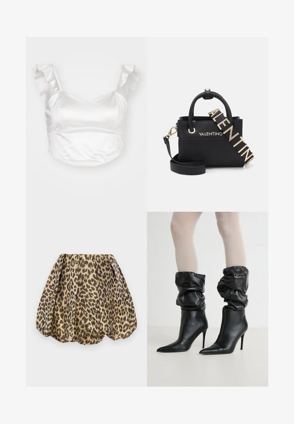 Biely saténový crop top s srdiečkovým výstrihom a volánovými ramienkami, s hladkou textúrou a priliehavým strihom.; Sister Jane LOLA SKIRT - sukňa v tvare A - tan; Čierne kožené členkové čižmy so sklopeným dizajnom, špicatou špičkou a vysokým ihlovým podpätkom, s jemným textúrovaným povrchom okolo manžety.; Čierna textúrovaná kožená kabelka so zlatým kovovým príslušenstvom, dvojitými úchytmi a odnímateľným ramenným popruhom s embosovaným názvom značky.