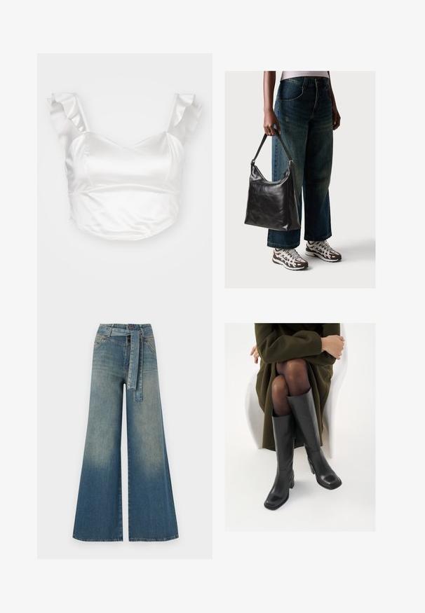 White satin crop top featuring a sweetheart neckline and frilled shoulder straps, with a smooth texture and fitted design.; Wide-leg denim trousers featuring a light to dark blue gradient, high waist, belt loops, and a matching fabric belt. Textured denim finish.; Knee-high black leather boots with a squared toe and block heel, shown with a model seated in an olive green coat. Smooth texture, minimal detailing.; Black leather shoulder bag with a smooth texture and adjustable strap, paired with faded wide-leg jeans and athletic sneakers.