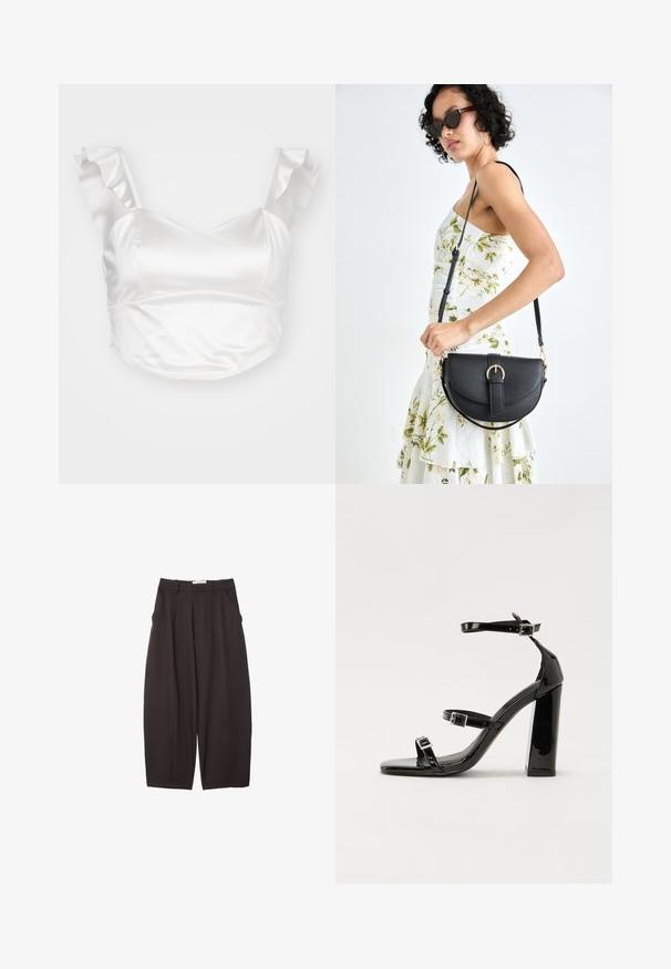 Weißes Satin-Crop-Top mit Herzausschnitt und schulterumschmeichelnden Rüschen, in glatter Textur und enganliegendem Design.; Schwarze weit geschnittene Hosen aus einem glatten Stoff, mit hoher Taille, Frontfalten und Seitentaschen. Schlichtes Design ohne Verzierungen.; Schwarze patentierte Sandalen mit Absatz, quadratischer Spitze, Knöchelriemen und silbernen Schnallen. Mit einem stabilen Blockabsatz für mehr Stabilität.; Schwarze Lederhandtasche mit geschwungener Form, abnehmbarem Tragegurt und goldenen Beschlägen. Die Tasche verfügt über einen Deckel mit einer Schnallen-Details.