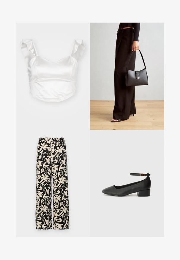 Balts satīna īsais tops ar sirdītes formas kakla izgriezumu un pūkainiem plecu siksniņām, gluda tekstūra un pieguļoša forma.; Melni platie bikses ar krēmkrāsas ziedu rakstu. Izgatavotas no viegla auduma, kuram ir gluda tekstūra un augsta jostasvietas daļa.; Melnas ādas sūkņi ar smailu purngalu un zemu bloku papēdi. Iezīmēts ar potītes siksniņu ar zelta krāsas sprādzi. Gluda tekstūra.; Melnā somiņa ar strukturētu formu, gludu tekstūru un metālu sprādzi. Saskaņota ar platām melnām biksēm un sandālēm ar atvērtu purngalu uz koka grīdas.