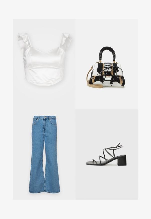 Balts satīna īsais tops ar sirdītes formas kakla izgriezumu un pūkainiem plecu siksniņām, gluda tekstūra un pieguļoša forma.; Gaiši zili, platā piegriezuma džinsi, kas izgatavoti no denima, ar augstu jostasvietu, piecām kabatām un vienu pogu. Mīksta tekstūra ar nolietotu apdari.; Melna siksnīšu sandale ar kvadrātveida purngaliem un masīlu papēdi, izgatavota no gludas virsmas. Iekļauj regulējamas potīšu siksnas un minimālu aparatūru.; Daudzkrāsaina soma ar melnu, baltu un bēša sietu. Somas priekšpusē ir teksturēts rokturis, lentes dizains un noņemams plecu siksniņa.