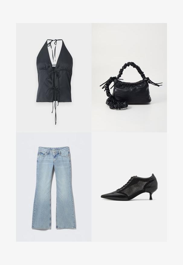 Haut à dos nu noir en tissu lisse, avec un décolleté en V profond, un devant froncé et des fermetures à nouer ajustables au cou et à la taille.; Jean évasé bleu clair avec une finition délavée, design à cinq poches et surpiqûres contrastées. Denim en coton avec une texture lisse.; Chaussure noire à bout pointu avec un design en panneau en maille, présentant un petit talon et un laçage à l'avant. Fabriquée à partir d'une combinaison de cuir et de matériau en maille.; Sac à main en simili cuir noir avec une texture crocodile, un dessus resserré et une sangle froncée. A l'apparence douce et compacte.