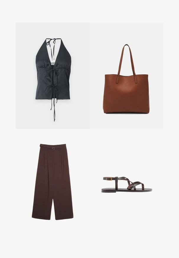 Sort halterneck top lavet af glat stof, med en dyb V-udskæring, samlede for og justerbare snorelukninger ved halsen og taljen.; Stradivarius WIDE-LEG WITH BUCKLE DETAIL - Bukser - dark brown; Brune lædersandal med krydsende stropper, ankelspænde og en flad sål med minimale syninger.; Brun læder tote taske med en glat overflade, åben topdesign og to skulderremme. Har minimal syning og ingen synlig hardware.