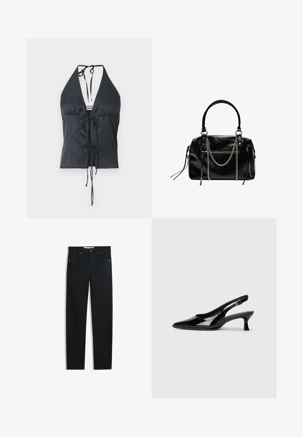 Zwarte haltertop van gladde stof, met een diepe V-hals, geraffineerde voorkant en verstelbare striksluitingen op de hals en taille.; Zwarte denimbroek met een recht silhouet, vijf zakken, metalen knoopsluiting en subtiele stikdetails. Gladde textuur.; Zwarte lakleren slingback schoenen met een spitse neus en een lage blokhak. Verstelbare gespband bij de enkel.; Bershka WITH CHAIN - Handtas - black