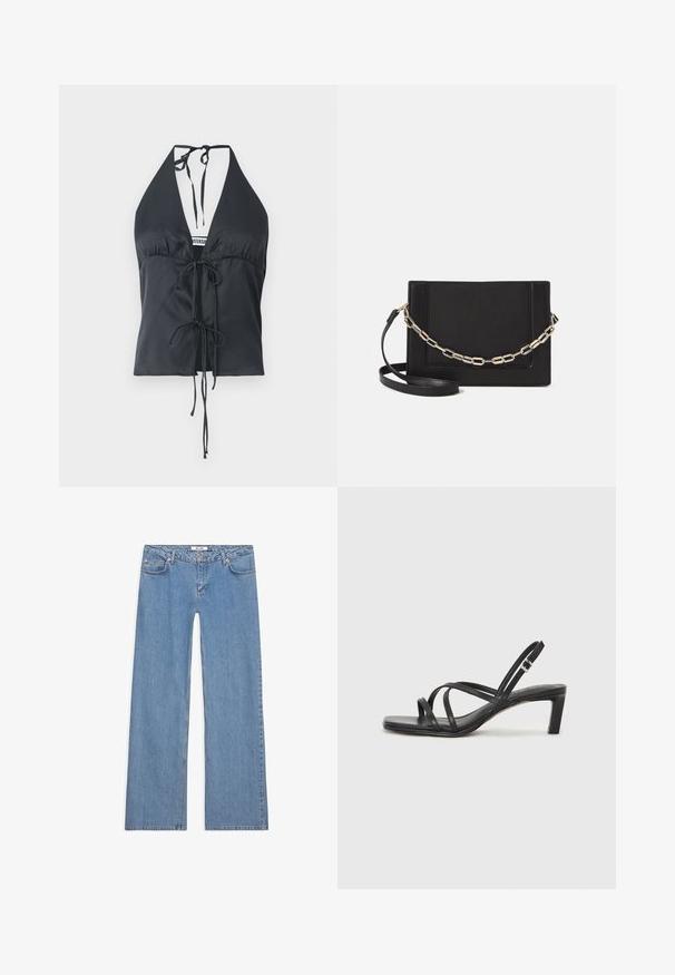 Juodas halterio stiliaus viršus, pagamintas iš lygaus audinio, su giliu V formos kaklu, raukšlėtu priekiu ir reguliuojamomis kaklo bei liemens raišteliais.; Šviesiai mėlynos plačios kojos džinsai, pagaminti iš džinsinio audinio, su penkių kišenių dizainu, mygtuko uždarymu ir siuvinėjimu palei siūles bei apykakles.; Juodi šlepetės su kvadratiniu pirštu ir žemu bloku kulnu. Yra keli ploni dirželiai ir reguliuojamas kulkšnies diržas. Pagaminti iš lygios odos.; Juodas odinis per petį nešiojamas krepšys turi lygų paviršių, stačiakampio formą ir metalinę grandinėlę priekyje. Pridedama reguliuojama dirželis.