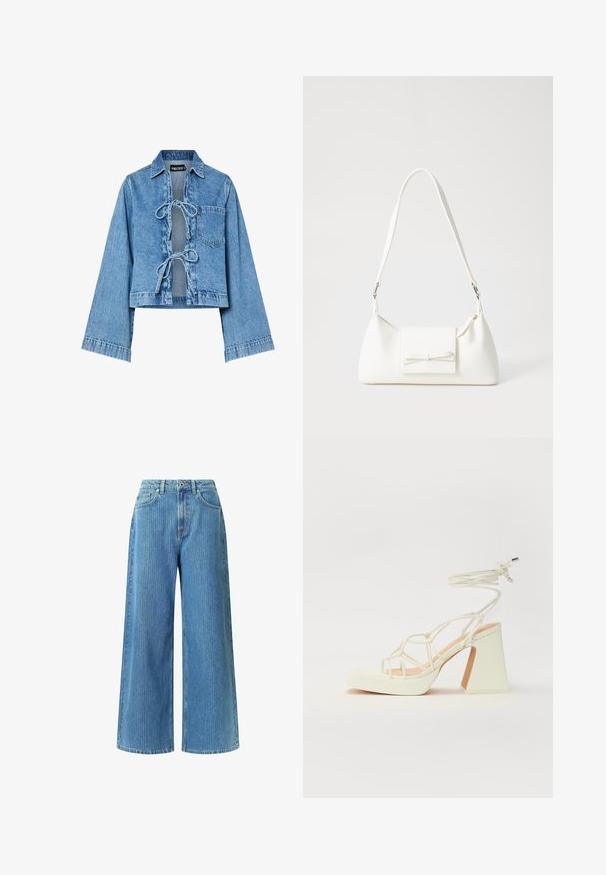 Lys blå denim kort jakke med lange ermer, knyting i front, og brystlomme. Har klassisk krage og en avslappet passform.; Videbukser laget av lys blå denim, med høy midje, to frontlommer, beltestropper og et subtilt teksturert mønster.; Hvit høyhælte sandal med kraftig hæl, med en stroppe-design og ankelbånd. Glatt tekstur med plattform foran for ekstra høyde.; Hvit syntetisk håndveske med trekantet form, flat klaff foran og sløyfe detaljer, justerbar stropp, glatt tekstur og minimalistisk design.