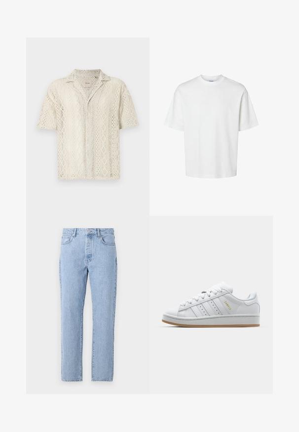 Koszula z krótkim rękawem, zapinana na guziki w kolorze kremowym, z koronkowym wzorem przypominającym koronki, z rombowymi kształtami. Miękka tekstura i luźny krój.; Biała bawełniana koszulka z krótkim rękawem, okrągłym dekoltem i luźnym krojem. Gładka struktura bez widocznych wzorów czy akcentów.; Jasnoniebieskie dżinsy o prostym kroju, pięć kieszeni i zapięcie na guziki. Miękka tekstura z klasycznym wyblakłym wykończeniem.; Białe trampki z perforowanym wzorem trzech pasków, teksturowanymi akcentami, gumową podeszwą oraz złotym logiem "CAMPUS" z boku.