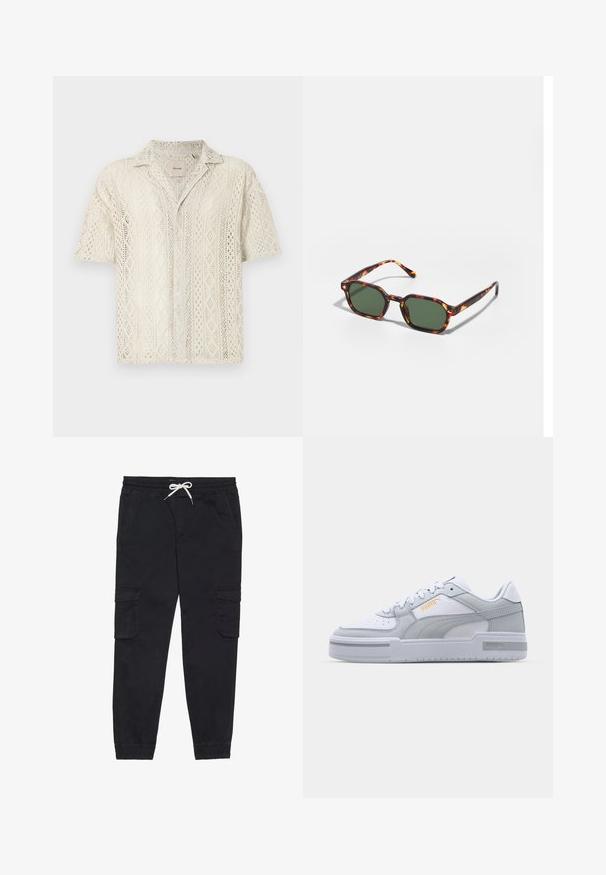 Camicetta a maniche corte con bottoni in crema con un motivo a pizzo simile a uncinetto che presenta forme a diamante. Tessuto morbido con una vestibilità comoda.; Pantaloni cargo neri in cotone, dotati di una vita elastica con coulisse, tasche laterali e polsini a sigaretta.; Sneaker grigie e bianche con tomaia in pelle liscia, punta perforata, chiusura con lacci, dettagli testurizzati e un sottile logo dorato.; Occhiali da sole tartarugati con lenti verdi, dotati di una forma ottagonale e bracci sottili e curvi. Il materiale ha una finitura lucida.