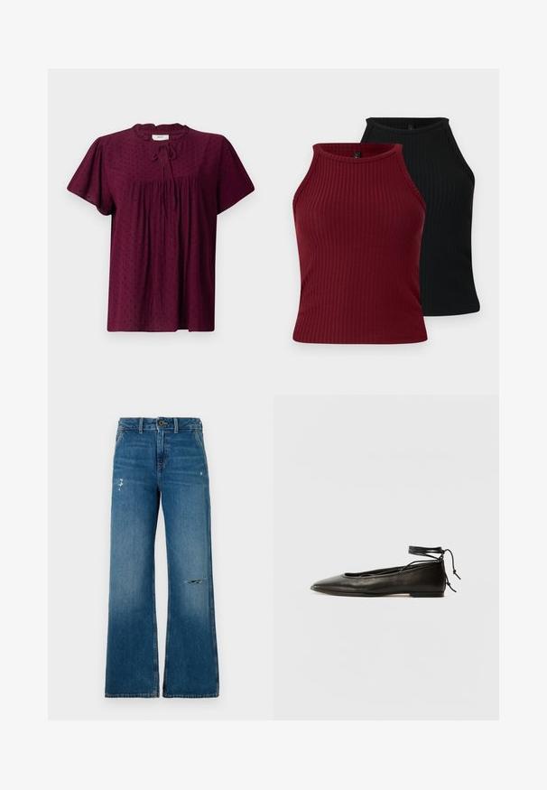 Bordová blúzka s krátkymi nafúknutými rukávmi, textúrovaná látka s jemným bodovým vzorom, zberaná predná časť a detaile s krkom viazania.; Dva rebrované tielka: jedno burgundské a jedno čierne. Obe majú vysoký výstrih s priliehavým strihom a hladkou textúrou.; Modré denimové široké nohavice s vyblednutou textúrou, s dvoma poškodenými miestami na prednej strane, s uzatváraním na gombík a dizajnom s piatimi vreckami.; Čierne kožené baletky s špicatou špičkou, viazaním okolo členka a plochou podrážkou, s hladkou textúrou a minimalistickým dizajnom.