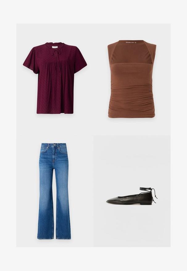 Burgundy paita dengan lengan pendek berbentuk puff, kain tekstur dengan pola titik halus, bagian depan berkumpul, dan detail leher yang diikat.; Ruskea hihaton paita, joka on valmistettu joustavasta kankaasta. Paidan malli on kiinteä ja sivuilla on rypytetty rakenne, kun taas edessä se on sileä.; Vaaleansiniset leveälahkeiset farkut korkealla vyötäröllä, joissa on vetoketjuhalkio, nappisulku ja hienovarainen haalistuminen lahkeissa.; Musta nahka ballet-flatit, joissa on terävä kärki, nilkkaremmiliitos ja litteä pohja, varustettuna sileällä pinnalla ja minimalistisella muotoilulla.