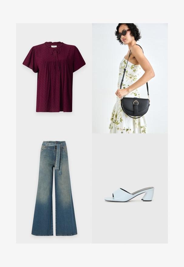 Blusa bordeaux con maniche corte a sbuffo, tessuto strutturato con un delicato motivo a pois, parte anteriore arricciata e dettaglio al collo annodato.; Pantaloni in denim a gamba larga con una sfumatura che va dal blu chiaro al blu scuro, vita alta, passanti per cintura e una cintura in tessuto coordinato. Finitura in denim strutturato.; Mule aperte di colore blu chiaro con punta aperta e design geometrico, dotate di una fascia larga che attraversa il piede e di un tacco spesso e angolare.; Borsa a tracolla nera in pelle con una forma curva, manico rimovibile e accessori dorati. La borsa presenta una patta con un dettaglio a fibbia.