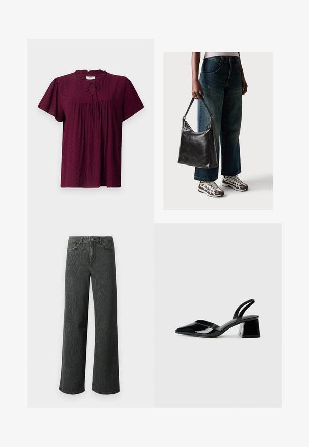 Blusa bordeaux con maniche corte a sbuffo, tessuto strutturato con un delicato motivo a pois, parte anteriore arricciata e dettaglio al collo annodato.; Jeans a gamba larga in denim grigio scuro, con una sottile texture a zebra, cuciture a contrasto e design a cinque tasche con chiusura a bottone.; Décolleté in vernice nera con punta affusolata e tacco in geometria cubica. Presentano un design elegante e minimalista, con una texture liscia.; Borsa a tracolla nera in pelle con una texture liscia e tracolla regolabile, abbinata a jeans ampi sbiaditi e sneakers sportive.