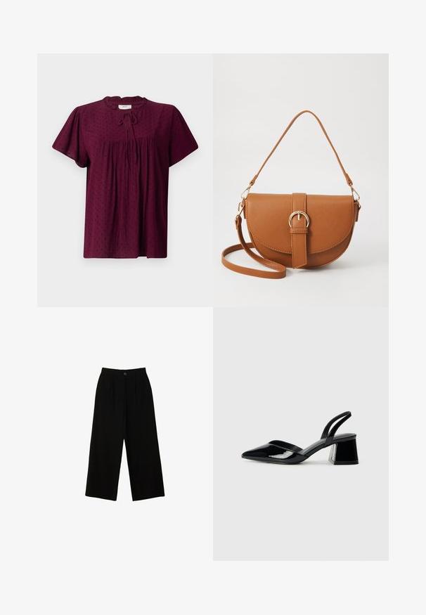 Burgundy blouse with short puff sleeves, textured fabric featuring a subtle dot pattern, gathered front, and a tied neckline detail.; Black wide-leg trousers made from a smooth material, featuring a high waist, front pleats, and a single top button closure.; Black patent leather slingback heels with a pointed toe and a geometric block heel. Features a sleek, minimal design and smooth texture.; Brown leather crossbody bag with a curved shape, gold hardware, and a buckle accent. Features a detachable shoulder strap.