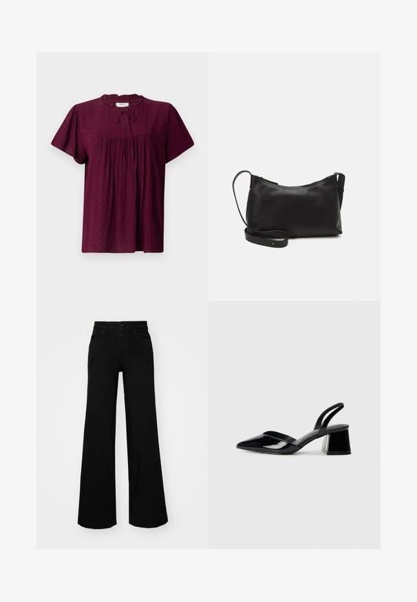 Blusa bordeaux con maniche corte a sbuffo, tessuto strutturato con un delicato motivo a pois, parte anteriore arricciata e dettaglio al collo annodato.; Pantaloni neri a gamba larga in denim, con una vita strutturata, passanti per la cintura e tasche frontali. Texture liscia con un design classico.; Décolleté in vernice nera con punta affusolata e tacco in geometria cubica. Presentano un design elegante e minimalista, con una texture liscia.; Borsa a spalla in pelle nera con una texture liscia, forma curva, tracolla regolabile e chiusura con zip. Design minimalista senza ornamenti.