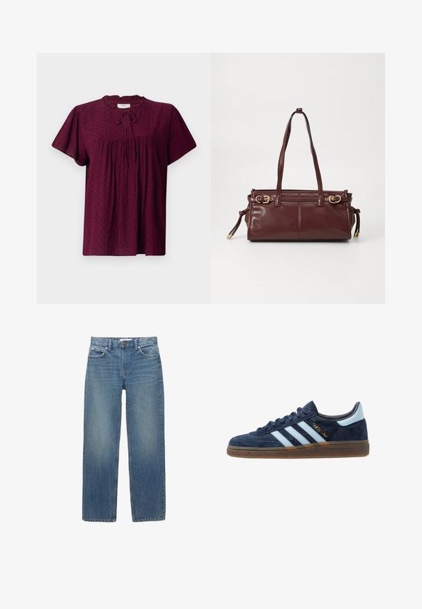 Burgundy blus med korta puffärmar, textilerad tyg med ett subtilt prickmönster, rynkad front och en knytning vid halsen.; Ljusblå denimjeans med rak skärning, fem fickor och kopparfärgad hårdvara. Tyget har en lätt blekning och en slät textur.; Marinblå mocka Adidas-sneakers med ljusblå ränder, gummisula, ljusblå hälflik och gyllene "Spezial"-logotyp på sidan.; Burgunderfärgad läderhandväska med två axelremmar, detaljer i guldton och dragkedjestängning. Har en slät yta och subtila sömnadsdetaljer.