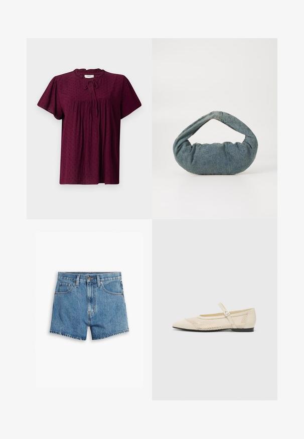 Blouse bourgogne avec des manches courtes bouffantes, tissu texturé avec un subtil motif à pois, devant plissé et détail de col noué.; Shorts en denim bleu clair, comportant cinq poches, un zip et un bouton de fermeture. L'ourlet est effiloché, avec une coupe décontractée.; Ballerines beiges avec un bout pointu, une superposition en maillage et une sangle à boucle sur le côté. Semelle plate avec une texture lisse.; Sac en denim bleu avec une forme arrondie et rembourrée et une poignée courbée. La texture est douce, avec des coutures visibles et une finition lisse.