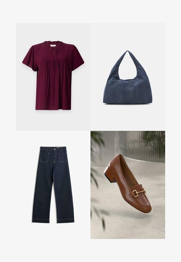 Bordowa bluzka z krótkimi bufkami, teksturowany materiał z delikatnym wzorem kropek, marszczony przód i zawiązywana wersja przy dekolcie.; Granatowe, szerokie dżinsy wykonane z denimu, z kontrastującym, jasnobrązowym przeszyciem, dwiema tylnymi kieszeniami i zapięciem na guzik w talii.; Brązowe lakierowane mokasyny z kwadratowym noskiem, metalowym łańcuszkiem i niskim blokowym obcasem; gładka faktura, minimalistyczny design.; Ciemnoniebieska torba dżinsowa o miękkim, luźnym kształcie, z uchwytem w stylu hobo i teksturowaną powierzchnią. Brak widocznych akcentów z metalu.