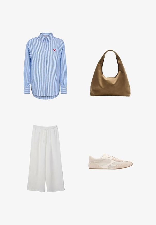 Niebieska i biała w paski koszula zapinana na guziki z klasycznym kołnierzykiem, długimi rękawami i haftem czerwonego serca na lewej piersi.; Białe szerokie spodnie wykonane z lekkiego materiału, z elastyczną talią i sznurkiem do regulacji fasonu. Gładka tekstura.; Beżowe buty sportowe z połączeniem materiałów siatkowych i zamszowych, zaokrąglony czubek oraz sznurówki. Teksturowane akcenty na górnej części zwiększają przyczepność.; Brązowa torba na ramię z szerokim, zaokrąglonym kształtem i dużym wyciętym uchwytem. Miękka tekstura, minimalistyczny design i brak widocznych elementów metalowych.