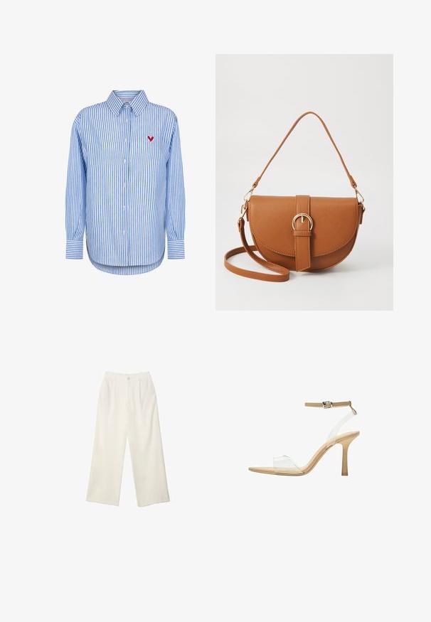 Blauw-wit gestreepte overhemd met knopen, een klassieke kraag, lange mouwen en een rode hartborduursel op de linkerborst.; Brede broekspijpen in crème stof met een gladde textuur, voorzien van een enkele frontknop, subtiele plooien en een hoge taille.; Heldere sandaal met een doorzichtige bovenkant, beige voetbed en een slanke enkelriem. Voorzien van een spitse neus en een dunne hoge hak.; Bruine leren schoudertas met een gebogen vorm, gouden hardware en een gespaccent. Bevat een afneembare schouderriem.