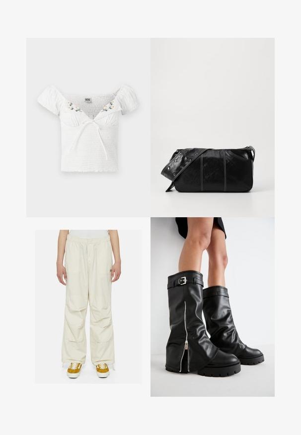 Balta palaidinė be petnešėlių, su grumstelėtu audiniu, trumpomis pūstomis rankovėmis, gėlių siuvinėjimu apykaklėje ir priekyje esančia rišimo detale.; Šviesiai rožinė tank top palaidinė su pilku apvadu ir reguliuojamomis spaghetti petnešėlėmis, su dideliu, centruotu pilku "adidas" logotipu. Pagaminta iš medvilnės.; Kremo spalvos kargo kelnės su laisvu siluetu, elastinga juosta ir keliais kišenėmis. Dėvimos su rudos ir baltos spalvos sportbačiais ant baltos fono.; Juodos odinės ilgos iki kelių botai su plačiu vamzdžiu, šonu užtrauktuku ir sagties akcentu, tekstūruotu paviršiumi ir masyviu guminiu padu.; Juodas odinis pečių krepšys su užtrauktuku, turintis tekstūruotą paviršių, baltą siuvinėjimą ir dirželį su sidabinėmis metalinėmis detalėmis.