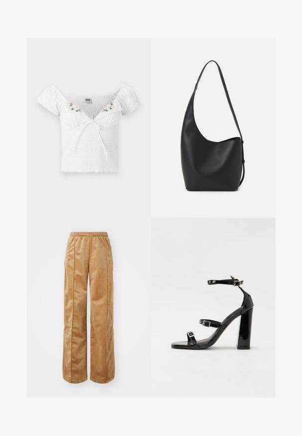Top branco com ombros à mostra, em tecido franzido, mangas curtas bufantes, bordado floral no decote e detalhe de atar à frente.; Calças largas em tom bege feitas de um material suave e aveludado. Apresentam uma cintura elástica e costuras verticais na frente para um detalhe adicional.; Sandálias pretas de verniz com salto alto, duas fivelas, biqueira quadrada e salto largo, apresentando uma textura lisa e brilhante.; Saco hobo preto em pele com uma textura lisa, forma curva e uma única alça ajustável; apresenta uma abertura larga na parte de cima.
