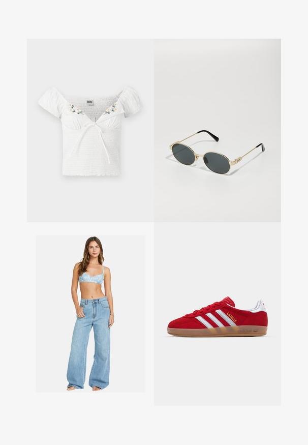Top branco com ombros à mostra, em tecido franzido, mangas curtas bufantes, bordado floral no decote e detalhe de atar à frente.; Bralette com padrão floral em azul claro, combinado com jeans de cintura alta e pernas largas em denim azul claro. Ajuste confortável com uma silhueta descontraída e fecho de botão clássico.; Sapatilha de camurça vermelha com design de três riscas brancas e texto "Gazelle" em dourado. Apresenta uma sola de borracha e um calcanhar texturizado.; Óculos de sol de metal dourado com lentes ovais e lentes escuras. Pontas em acetato preto nas hastes. Nome da marca "QUAY" na lateral.