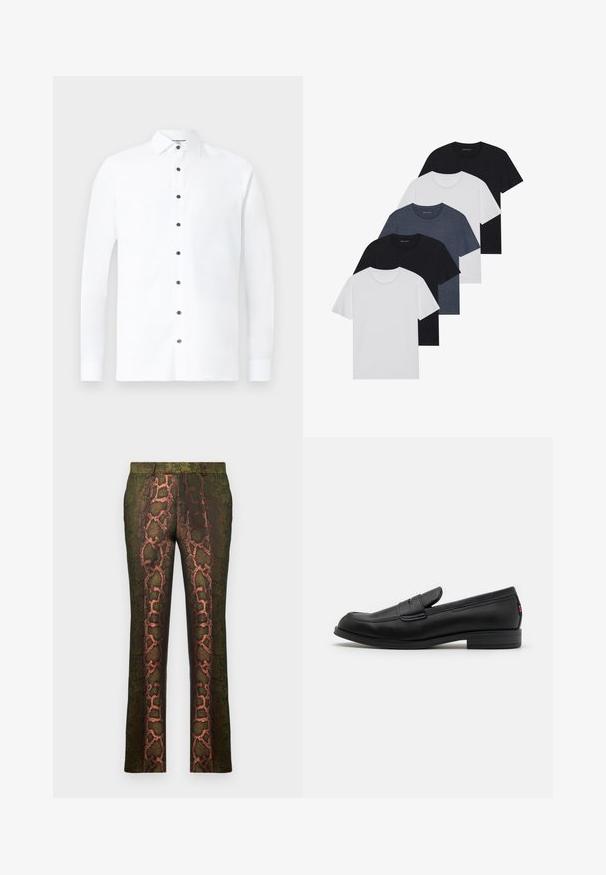 White long-sleeve shirt made of cotton, featuring a classic collar, black button closure, and buttoned cuffs. Smooth texture with minimal design.; Set of five t-shirts in black, white, and navy blue. Cotton fabric, short sleeves, crew neck design, and plain texture with no patterns.; Green patterned trousers featuring a snake print design with shades of brown and orange, straight cut, and a smooth texture.; Black leather loafers with a smooth finish, rounded toe, and a small decorative flap. Features a low stacked heel and subtle branding detail.
