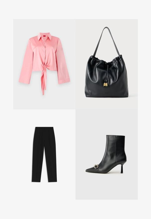 Pink satin cropped shirt with long sleeves, a button-down front, and a tied waist detail. Features a classic collar for a structured look.; Black trousers with a straight fit, featuring double pleats, a smooth texture, and a classic waistband design. No visible hardware or accents.; Black leather ankle boot with pointed toe, slim mid-height heel, and silver buckle detail on side against plain background.; Black leather drawstring bag with a smooth texture, gathered top, and subtle gold hardware. Features a single sturdy strap and embossed logo.