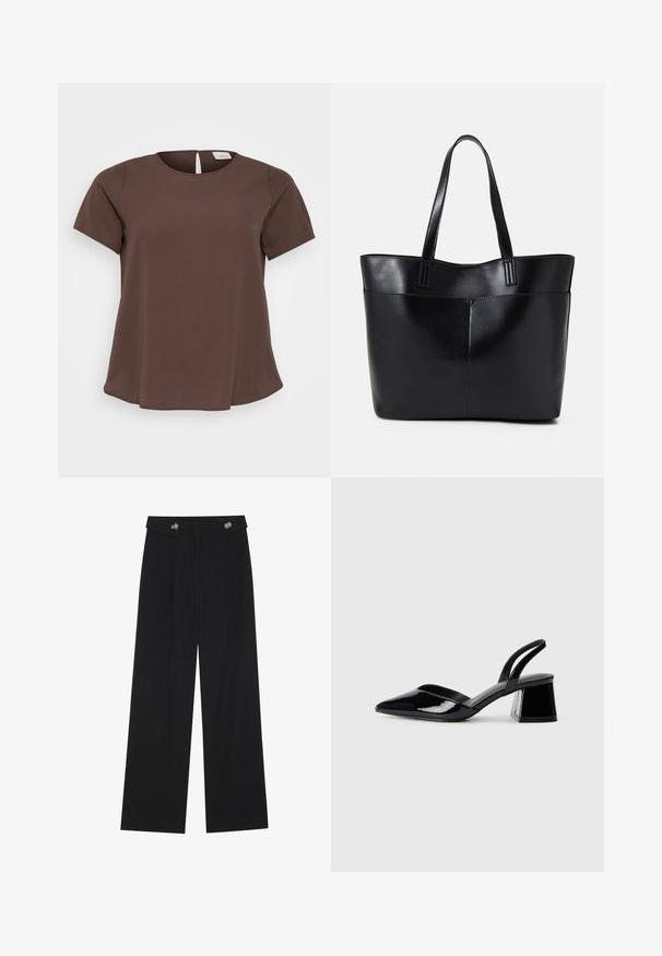 Brun kortermet topp med rund halsringning og en liten utskjæring bak. Laget av mykt stoff med en lett utstående nederkant.; Svart vide bukser med høy midje, knappdetaljer på midjebåndet og frontplisser.; Svarte patentlær slingback hæler med spiss tå og geometrisk blokk hæl. Har et stilrent, minimalistisk design og jevn tekstur.; Svart lær toteveske med to lange håndtak, en glatt tekstur og en strukturert form. Har en frontlomme for ekstra oppbevaring.