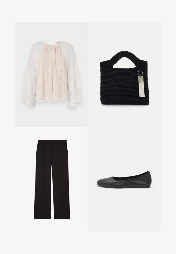 Alice + Olivia DELIA RUFFLE TUNIC - Bluza - off white; Črne krojene hlače iz gladkega materiala, s straight-leg obliko in dvema stranskima žepoma. Elegantna in minimalistična zasnova.; Črne usnjene balerinke z zaobljenim nosom, gladko teksturo, minimalnimi šivi in fleksibilno zasnovo podplata.; Won Hundred MARSIELLE COMPUTER BAG UNISEX - Torba za prenosnik - black