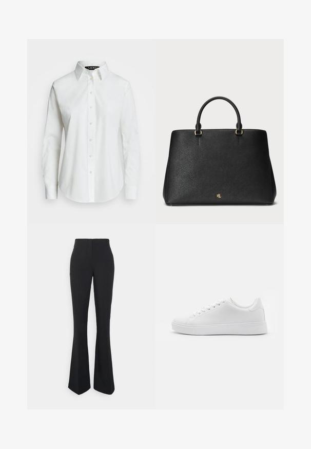 Biała, długowiedziałowa koszula z guzikami, wykonana z bawełny. Posiada klasyczny kołnierzyk, siedem guzików oraz subtelne logo haftowane na piersi.; ONLY Tall ONLEDINA FLARE PANT - Spodnie materiałowe; Białe trampki z gładką syntetyczną cholewką, okrągłym noskiem, sześcioma oczkami na sznurowadła i niskoprofilową gumową podeszwą z fakturowanymi detalami.; Czarna skórzana torebka o strukturalnym wzorze, gładkiej fakturze i dwóch górnych rączkach. Posiada złote akcenty oraz logo na dole.