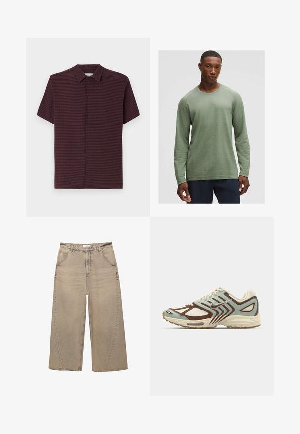 Korte mouw overhemd in donker bordeauxrode textuurstof met een knoopsluiting aan de voorkant en subtiel ruitpatroon. Beschikt over een klassieke kraag en een ontspannen pasvorm.; Langsleeve shirt in gedempt groen met een textuurpatroon, ronde halslijn en raglanmouwen, gemaakt van zachte, lichte stof.; PULL&BEAR MEGA BAGGY - Baggy jeans - light grey; Lichtblauwe en bruine sneaker met een gestructureerd mesh bovenwerk, gelaagd ontwerp, reflecterende accenten en een gevoerde crèmekleurige tussenzool.